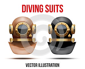 Set of Underwater diving suit helmet. Vector photo