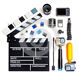 A set for underwater videography equipment: action-cameras, clapperboard, tripod, monopod, float, memory cards lens, adapter photo