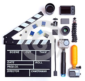 A set for underwater videography: action-cameras, clapperboard, tripod, monopod, float, memory cards photo