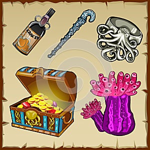 Set of underwater world objects and chest of gold