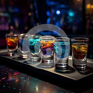 Set of unearthly cocktail shots with colourful turbulent liquor resting on the bar counter