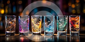 Set of unearthly cocktail shots with colourful turbulent liquor resting on the bar counter