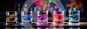 Set of unearthly cocktail shots with colourful turbulent liquor resting on the bar counter