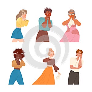 Set of unhappy sad crying and sobbing. Diverse people expressing emotions vector illustration