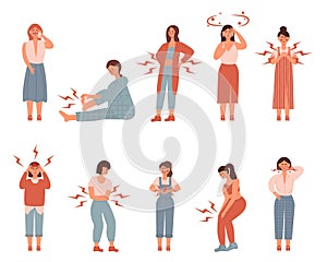 Set of unhappy womens. suffering pain or ache in different body parts - chest, neck, leg, back, stomack. Vector