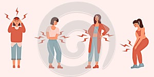 Set of unhappy womens. suffering pain or ache in different body parts - knee, head, back, stomack. Vector illustration photo