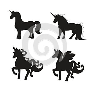 Set of unicorn horse silhouettes