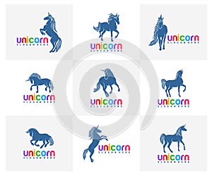 Set of Unicorn logo design vector template, flying Horse design illustration