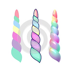 Set Unicorn Rainbow Horn, horn-shaped candle, colored plastic toy. Fantasy concept