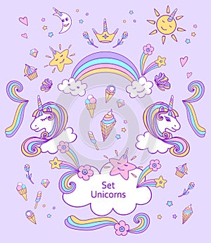 Set Unicorns and cute elements in doodle cartoon style