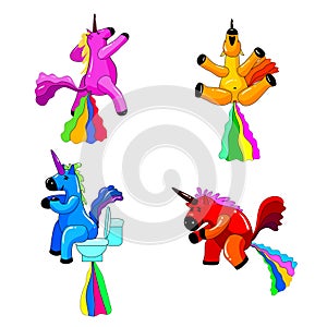 Set Unicorns smiling pooping a rainbow, fantasy cute character beast multicolored shit turd. Vector illustration