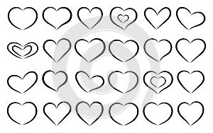 Set of unique hand drawn hearts. Painted design elements. Vector illustration.