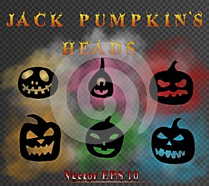 Set of unique Jack pumpkin heads inside clouds of multicolor smoke. Halloween vector illustration.