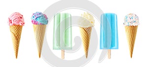Set of unique summer popsicle and ice cream desserts isolated on a white background
