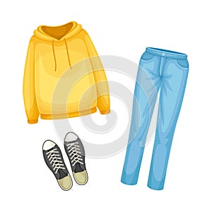 Set of unisex clothes. Hoodie, jeans and sneakers cartoon vector illustration