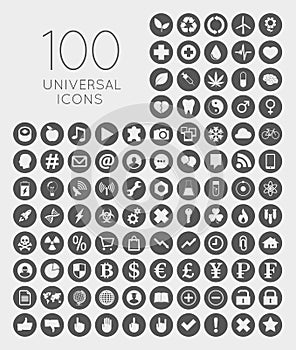 Set of 100 universal icons of business, science, health, security, education, technology, leisure time and food