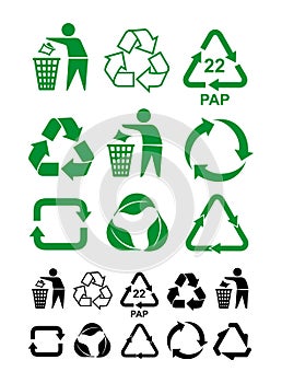 Set of universal recycling green and black symbol. International symbol used on packaging to remind dispose of it in a bin instead