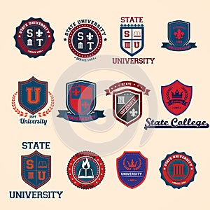 Set of university and college school crests and emblems