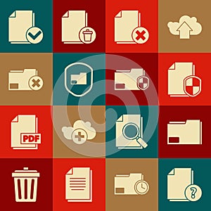 Set Unknown document, Document folder, protection concept, Delete file, and check mark and icon. Vector