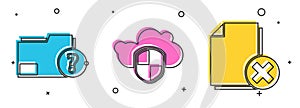 Set Unknown document folder, Cloud and shield and Delete file document icon. Vector