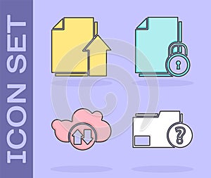 Set Unknown document folder, Upload file document, Cloud download and upload and Document and lock icon. Vector