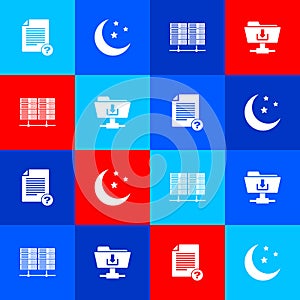 Set Unknown document, Moon and stars, Server, Data, Web Hosting and FTP folder download icon. Vector