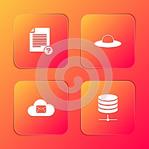 Set Unknown document, UFO flying spaceship, Cloud mail server and Server, Data, Web Hosting icon. Vector