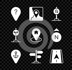 Set Unknown route point, Folded map with location marker, Turn back road sign, Location anchor, Road traffic, City