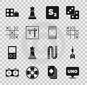 Set Uno card game, Dart arrow, Tic tac toe, Bingo, Toy building block bricks and Backgammon board icon. Vector