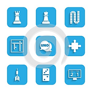 Set Uno card game, Domino, Sport mechanical scoreboard, Puzzle pieces toy, Dart arrow, Bingo, Board and Chess icon