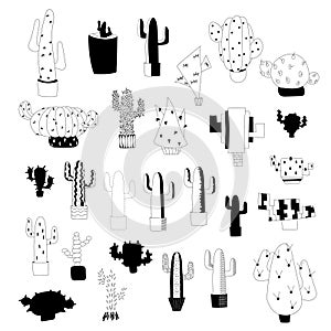 Set of unusual black and white cacti isolated on a white background. Doodle. Black and white cacti and succulents for