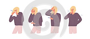 Set of unwell woman with influenza symptoms vector flat illustration. Female with headache and body stiffness, measuring