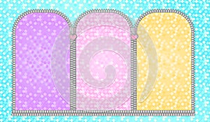 Set of unzipped semicircular frames. Doll`s girly birthday backdrop photo booth zone.