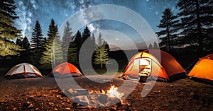 Set up a cozy camping scene with a tent pitched under the starry night sky, illuminated by a warm campfire