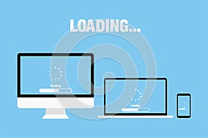 Set updateing devices in cloud application on bule background loading process or download service. Flat design EPS 10