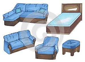 A set of upholstered furniture, marker style
