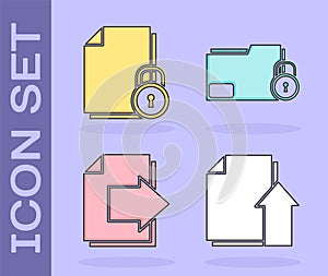 Set Upload file document, Document and lock, Next page arrow and Folder and lock icon. Vector