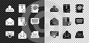 Set Upload inbox, Envelope, Address book, setting, Outgoing mail, Drawer with document, and shield icon. Vector
