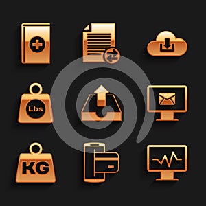 Set Upload inbox, NFC Payment, Monitor with cardiogram, and envelope, Weight and pounds icon. Vector