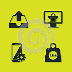 Set Upload inbox, Weight pounds, Setting on smartphone and Monitor with shopping basket icon. Vector