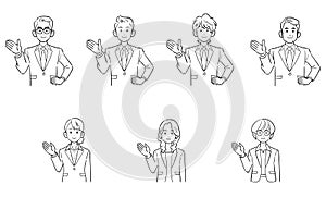 A set of upper body of a businessman and a business woman guided by the palm of your hand Line art