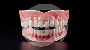 A set of upper and lower dentures. 3D Model close-up of dental prosthesis with gum.