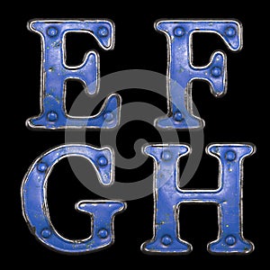 Set of uppercase letters E, F, G, H made of painted metal with blue rivets on black background. 3d