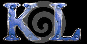 Set of uppercase letters K, L made of painted metal with blue rivets on black background. 3d