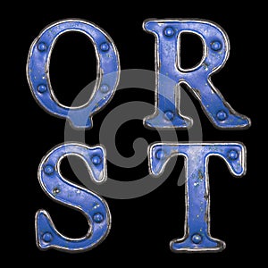 Set of uppercase letters Q, R, S, T made of painted metal with blue rivets on black background. 3d