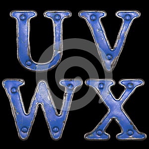 Set of uppercase letters U, V, W, X made of painted metal with blue rivets on black background. 3d