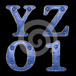 Set of uppercase letters Y, Z and number 0, 1 made of painted metal with blue rivets on black background. 3d