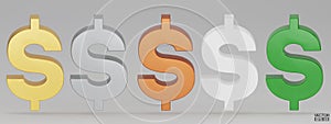 Set of US dollar currency symbol isolated on white background. Gold, copper, silver, green, and white dollar sign. Vesigns money