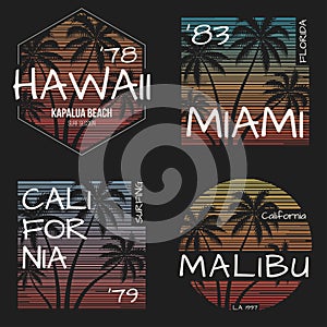 Set of US resorts t-shirt designs. Vector illustration.