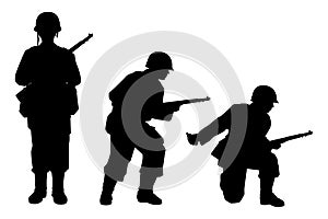 Set of US soldier with a rifle weapon during world war 2 silhouette vector